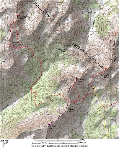 Pinnacle would be the longest scramble of the trip.  
To reach Pinnacle we needed to go east to Saska Pass at 7500 feet, drop down to cross Snow Brushy Creek at 3800 feet, and climb back up to Borealis Pass at 7600 feet, and then go up the south ridge of Pinnacle to is 8402 summit.
Gopher was a bonus summit for the return trip, following a ridge south from Saska Pass to its 8001-foot summit.